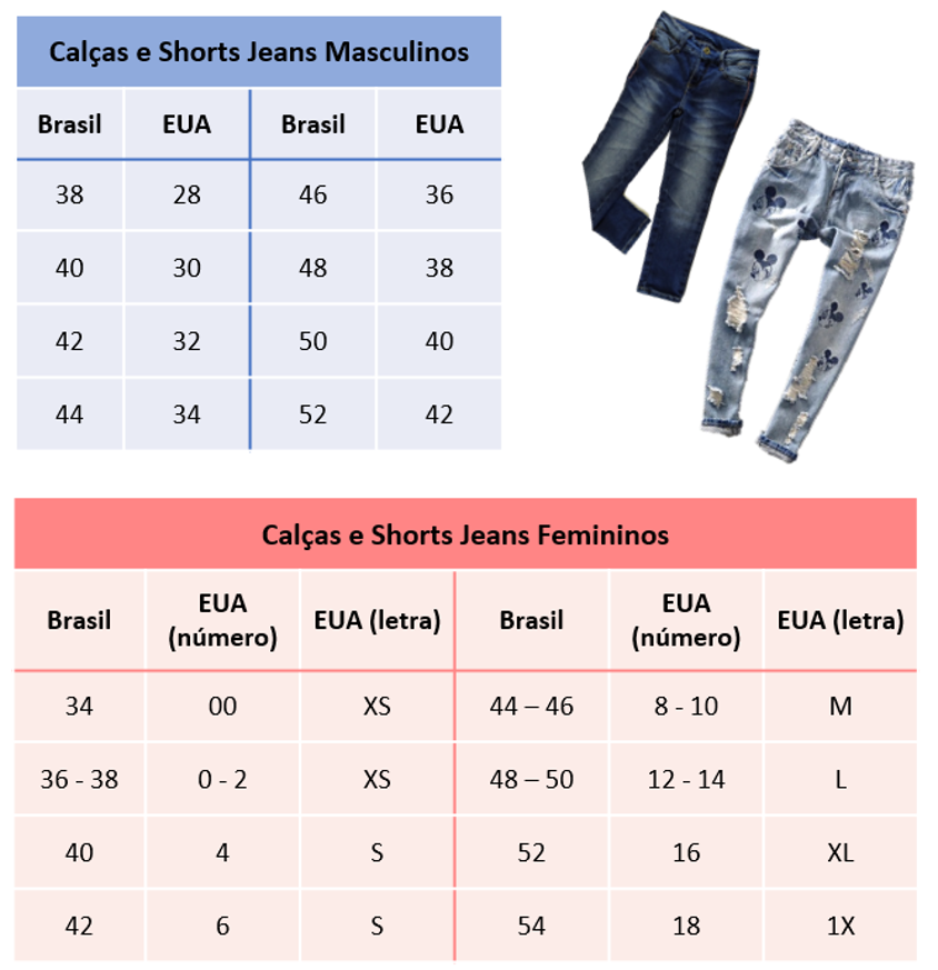 Tabela Tamanho Roupas Jeans